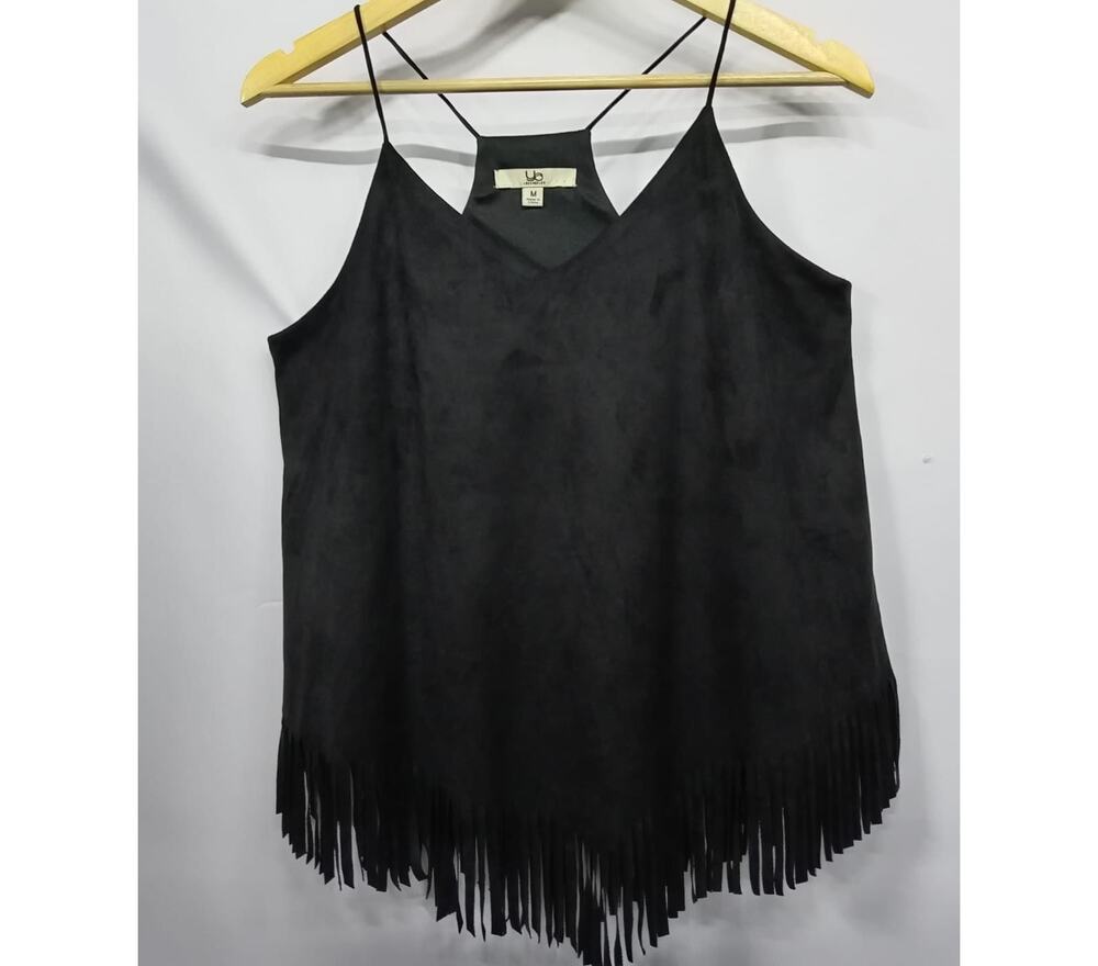 Ya YL19075 Fringe Black Tank Top Solid Knit Sleeveless Women Size M